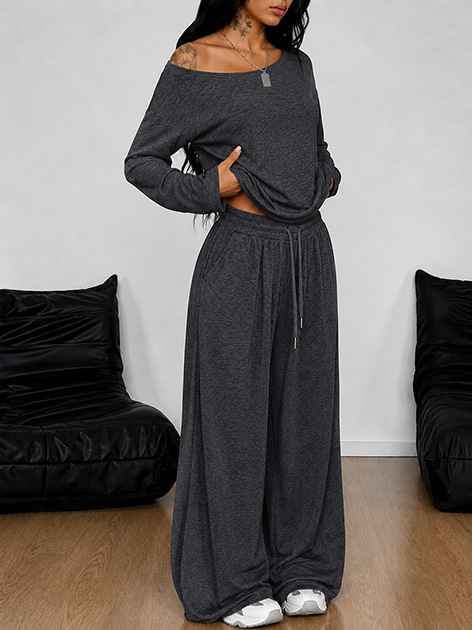 Women's Casual Loungewear Set Long Sleeve Top & Wide Leg Pants