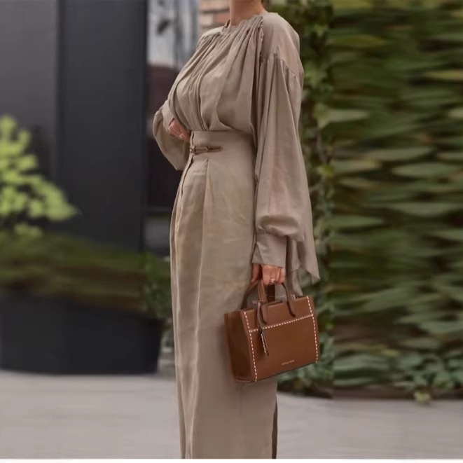 French-Style Long Sleeve Solid Shirt and Long Skirt Set