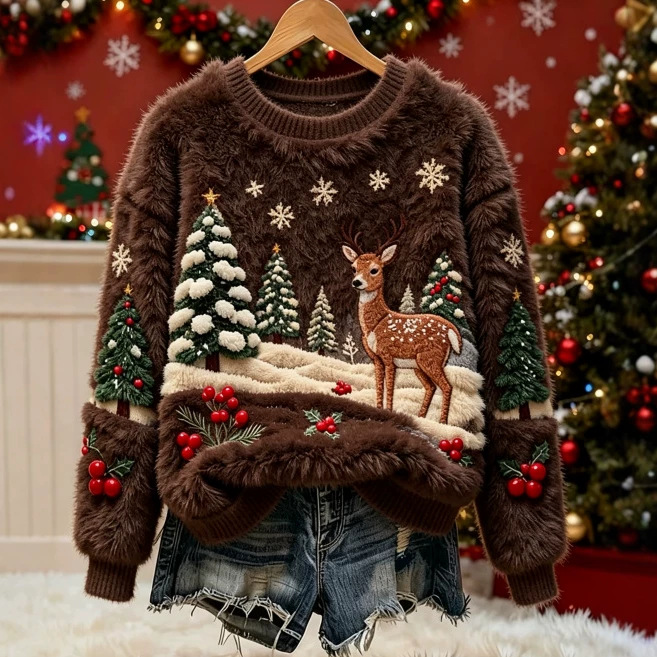 Christmas Reindeer Print Long-Sleeve Pullover Fleece Sweatshirt