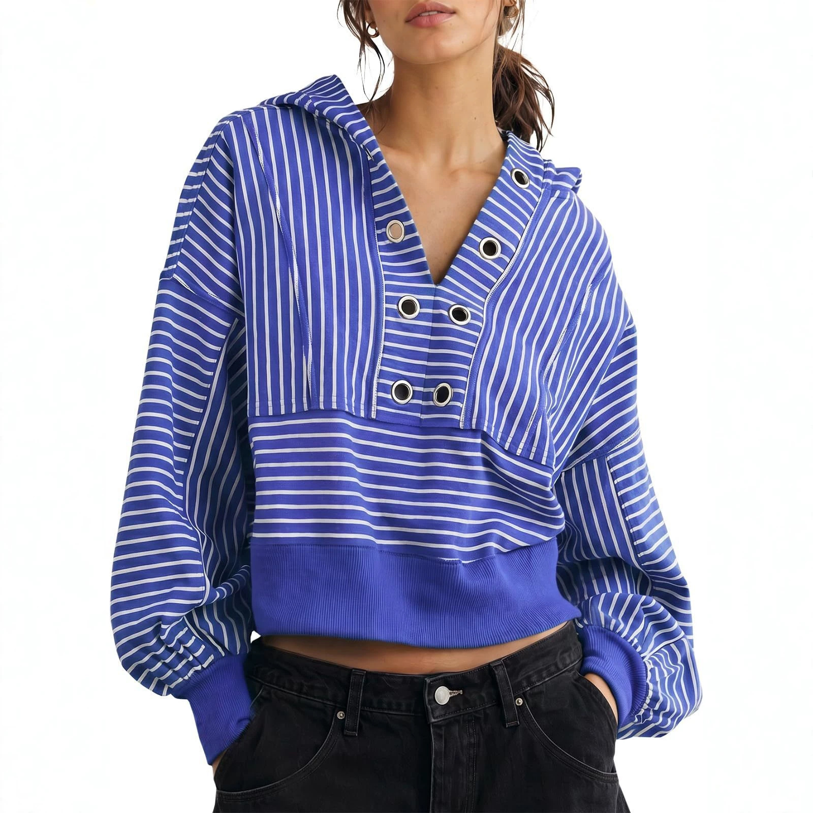 Women's Striped Short V-Neck Hooded Loose Sweatshirt