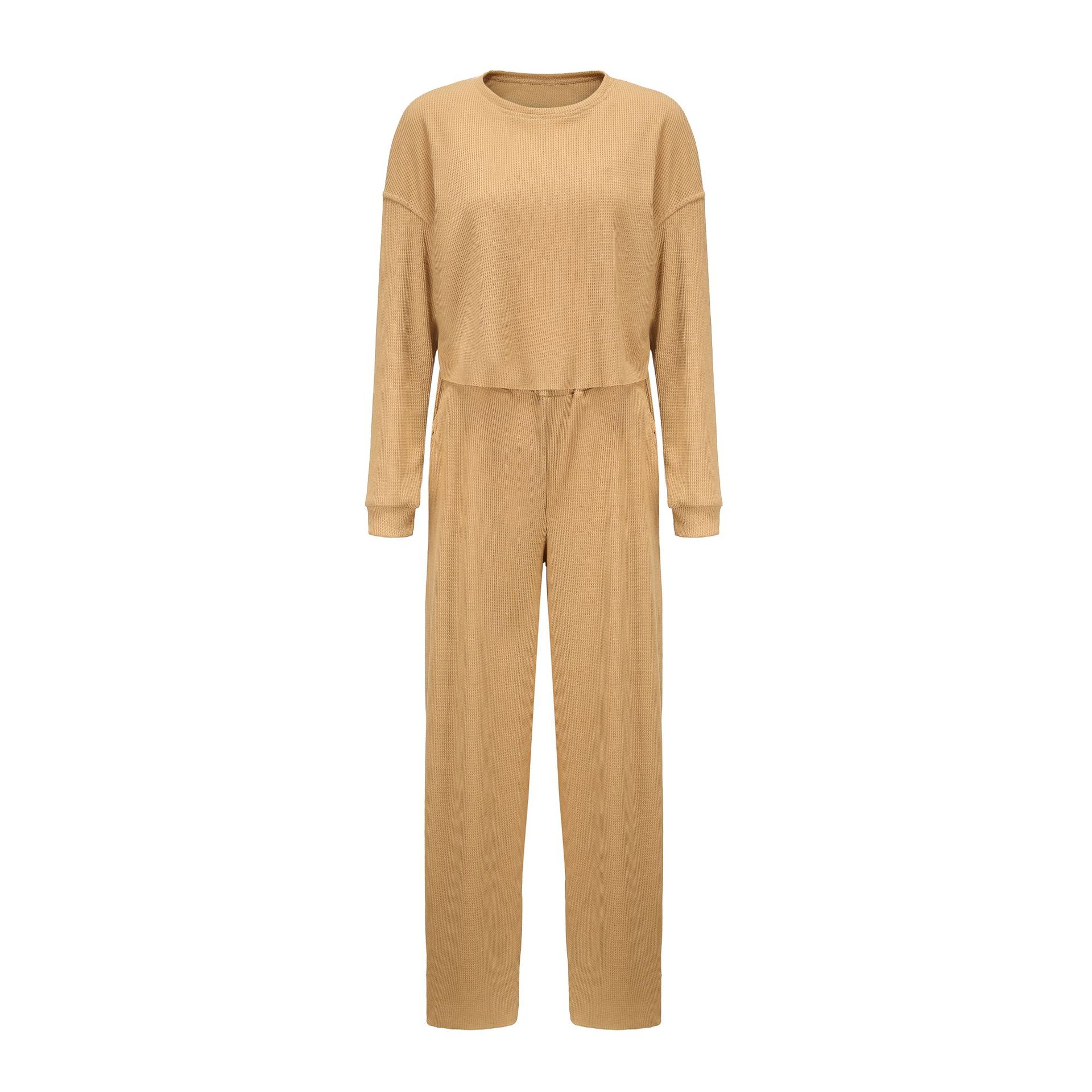 Women's Casual Waffle Knit Two-Piece Sweatsuit Set Long Sleeve