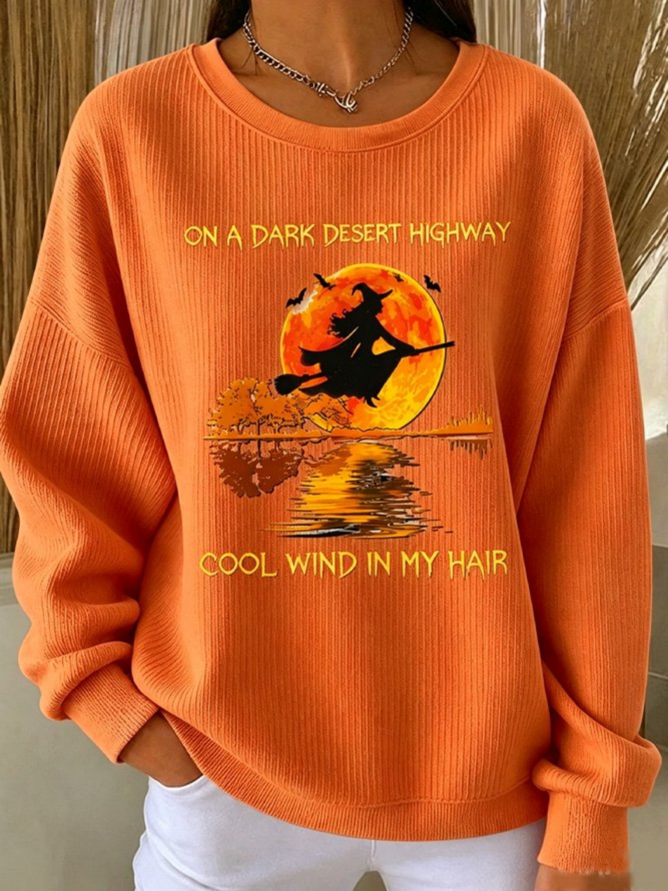 Halloween Witch Broom Print Crewneck Long-Sleeve Pullover Sweatshirt