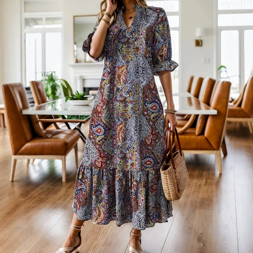 Elegant Floral Print V-Neck Midi Dress with Ruffle Sleeves