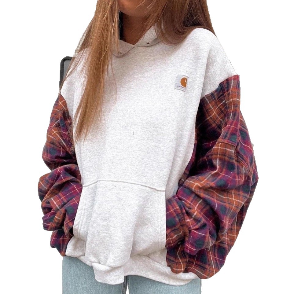 Women's Color-Block Plaid Hooded Pullover Sweatshirt with Pockets