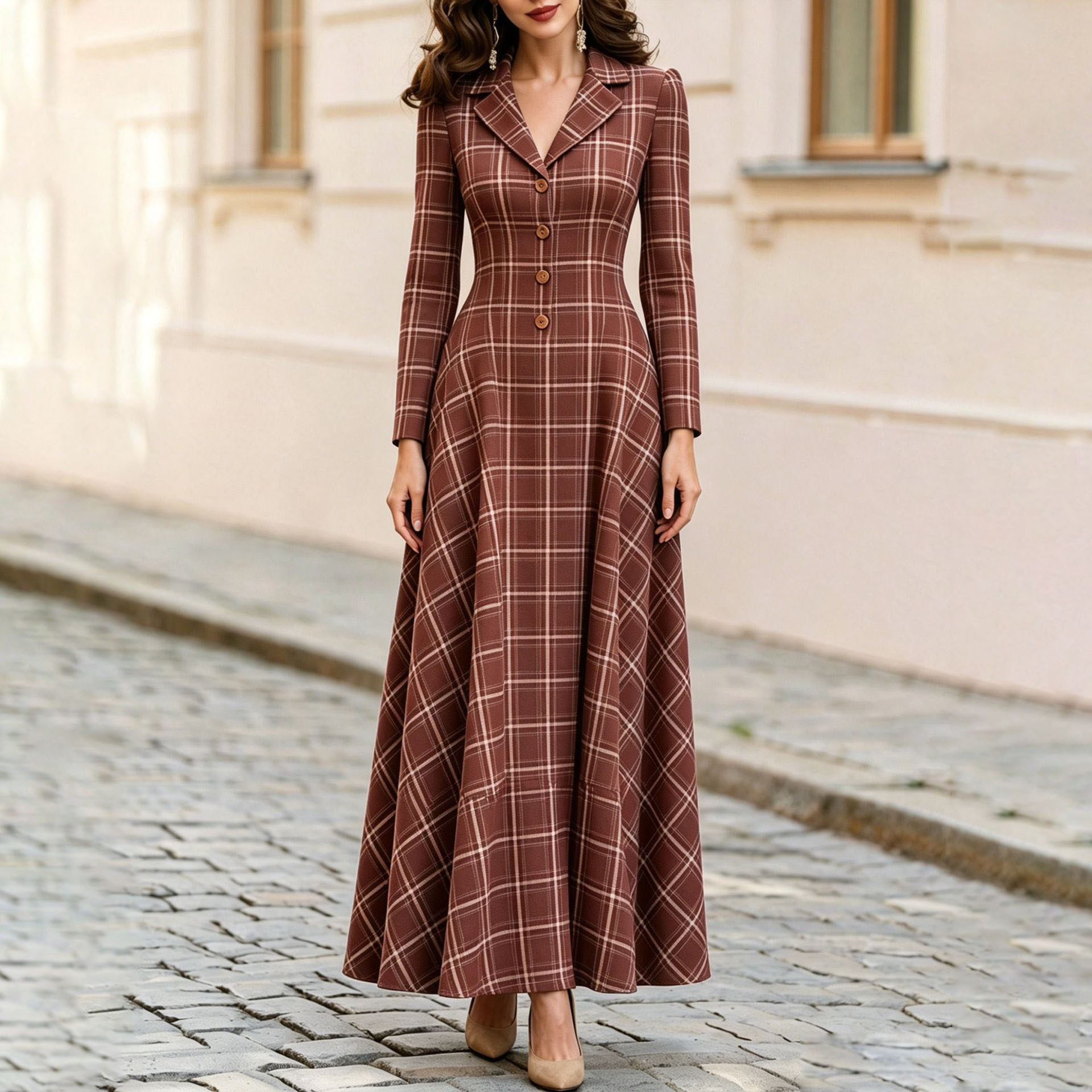 Elegant Solid Color Waist-Cinched Stand Collar Dress