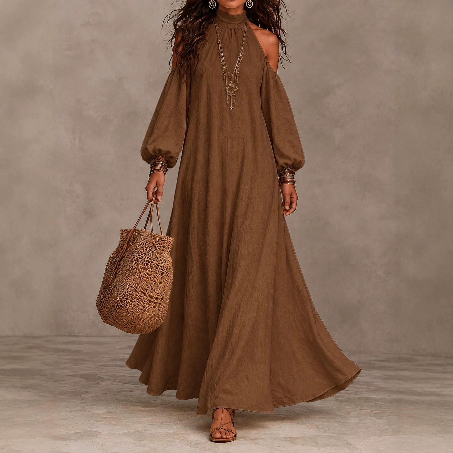 Women's Off-Shoulder Halter Neck Lantern Sleeve A-Line Maxi Dress