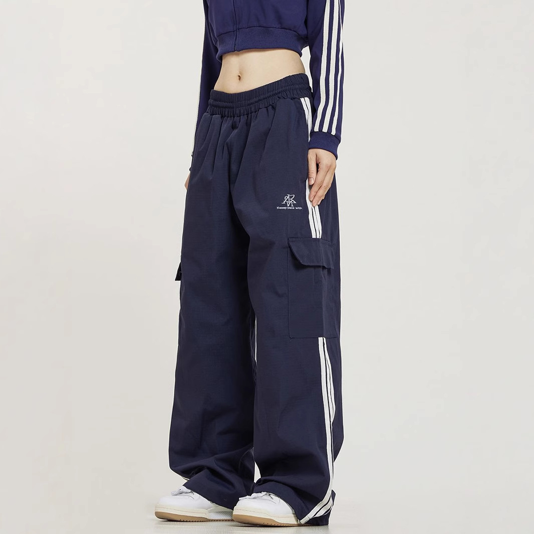 American Retro Side-Stripe Cargo Pants Unisex Straight-Leg Three-Stripe Loose Wide-Leg High-Street Track Pants