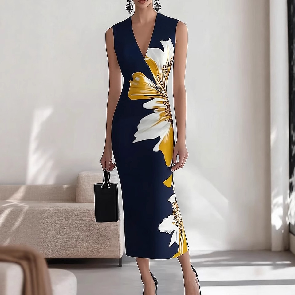 V-Neck Sleeveless Digital Print Maxi Dress