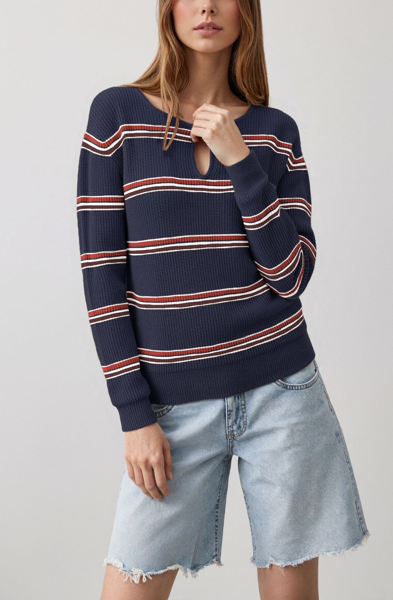 Women's Striped Crewneck Knit Sweater Slim Fit Long Sleeve Pullover