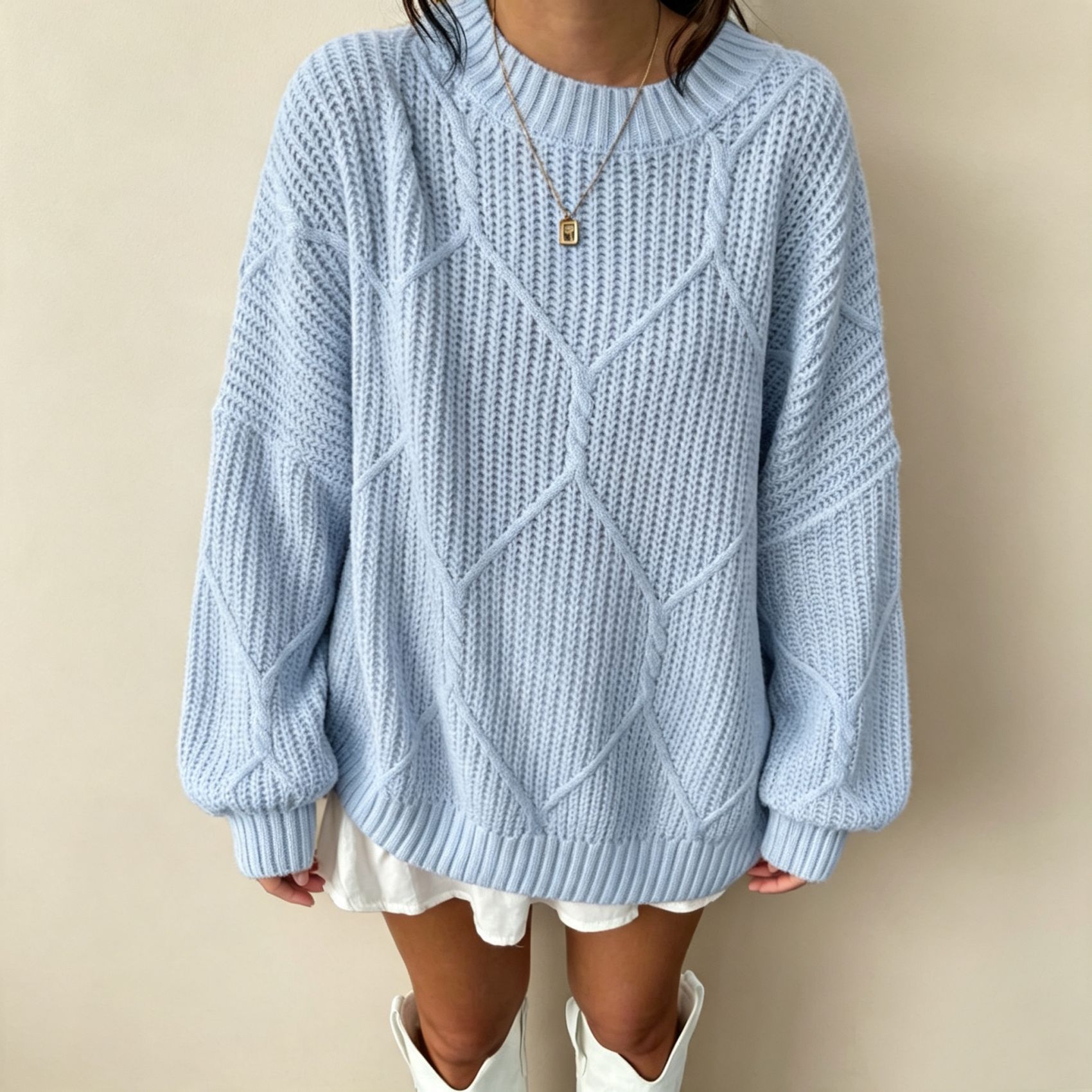 Women's Cable Knit Diamond Crewneck Pullover Sweater