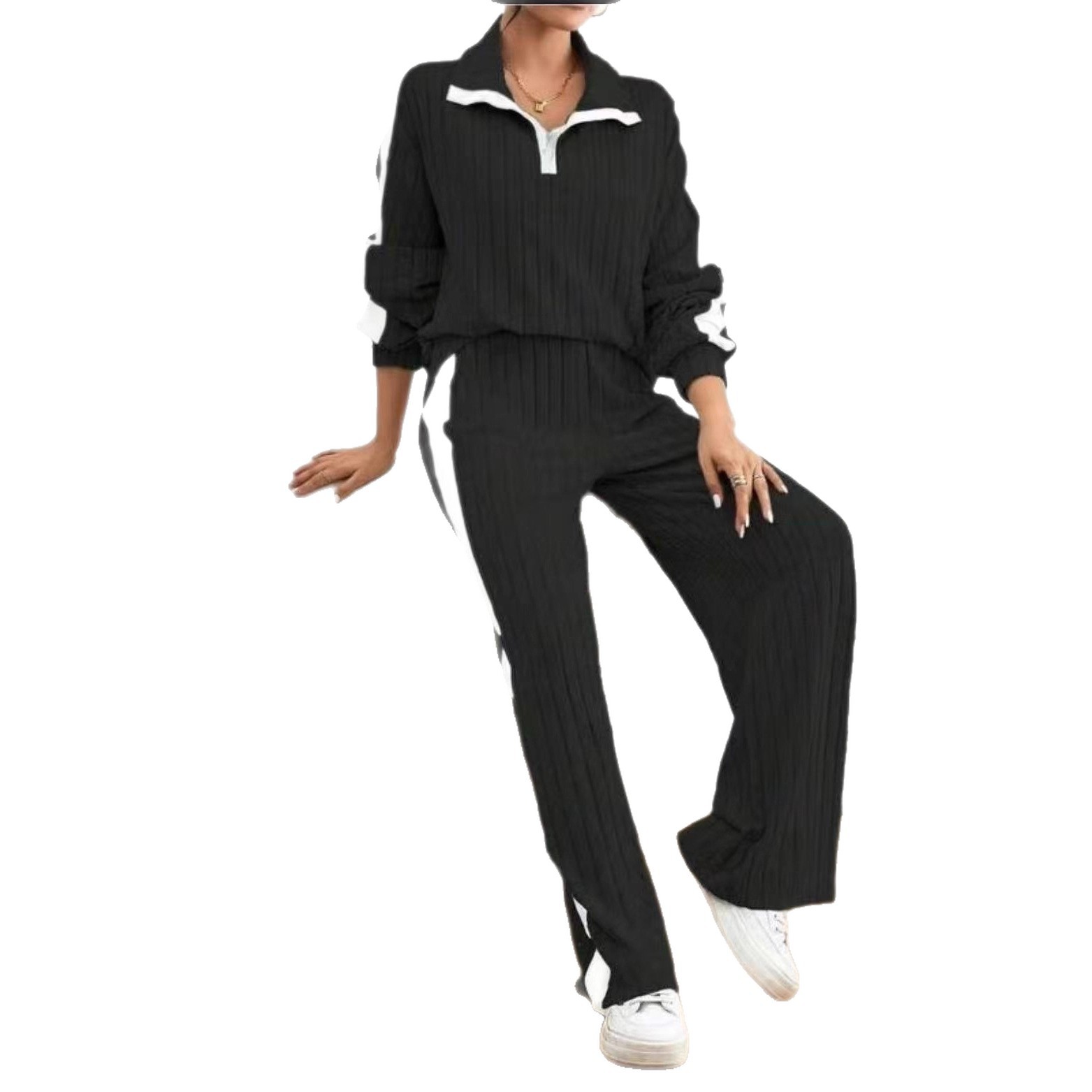 Colorblock Zip-Up Collar Top & Wide-Leg Pants Set