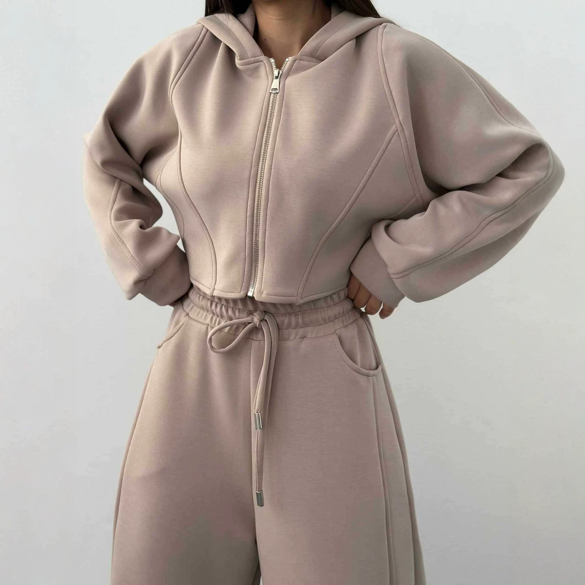 Women's Zip Hooded Track Jacket and Drawstring Pants Two-Piece Set