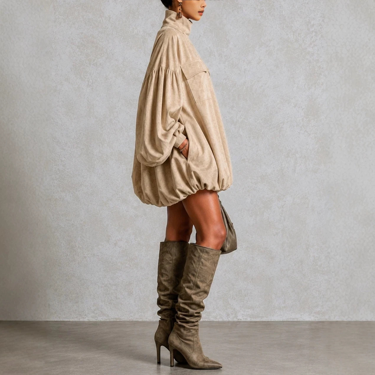 Khaki High Neck Lantern Sleeve Pocket Bubble Hem Mini Dress