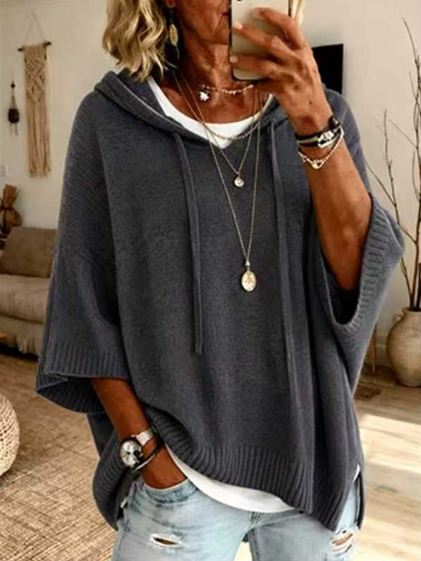 Women's Solid Hooded Knit Sweater Loose Fit Pullover