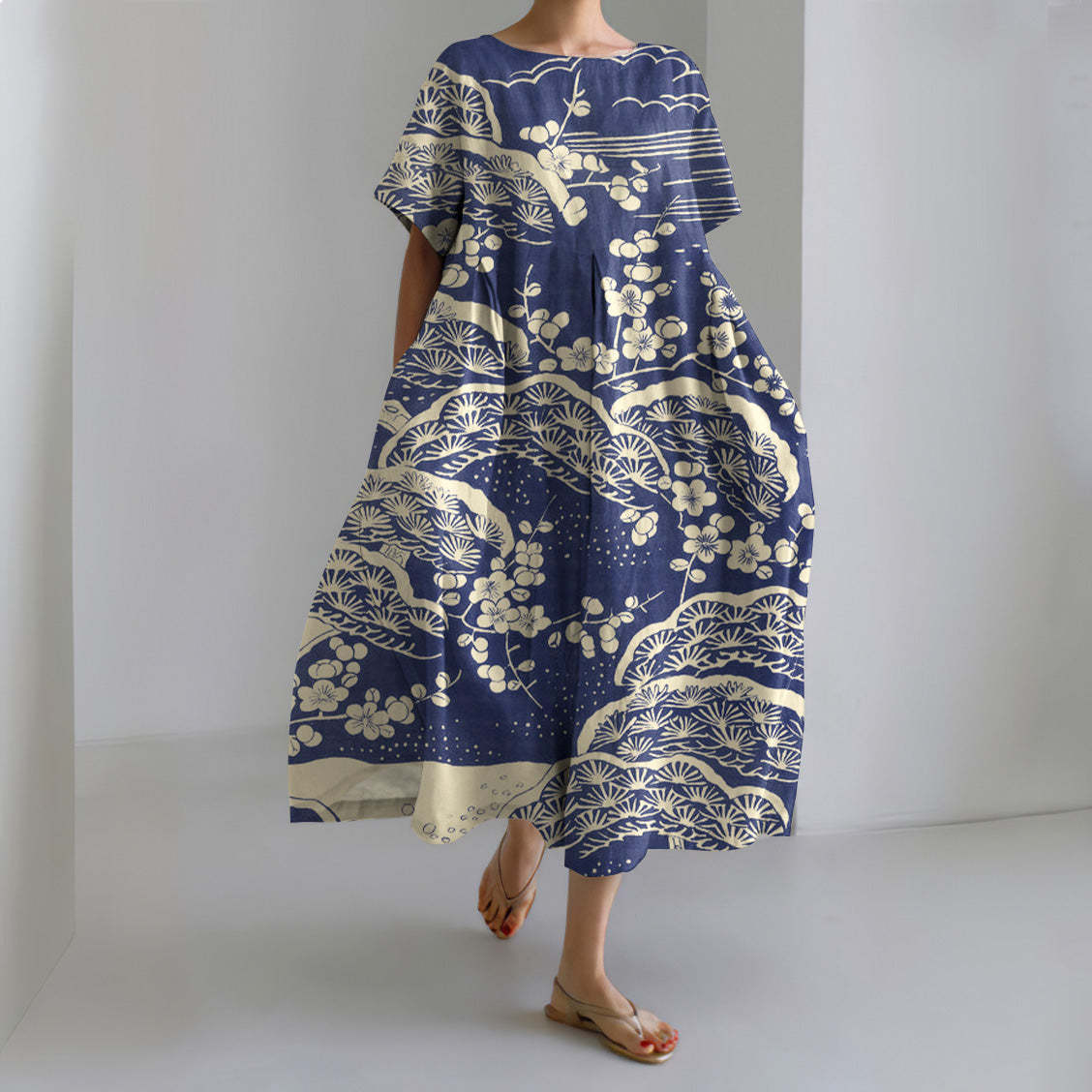 Women's Vintage Floral Print A-Line Midi Dress with U-Neck and Short Sleeves