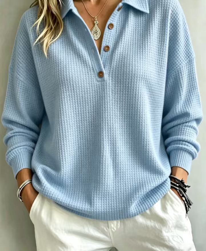 Waffle Knit Button-Front Pullover Top