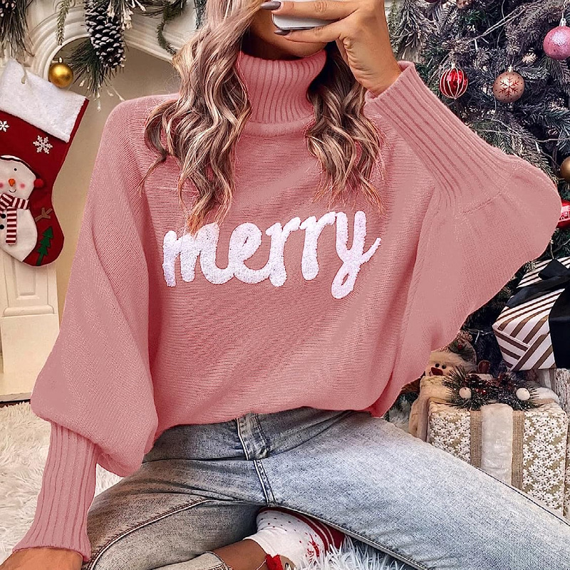 Women's Christmas Turtleneck Sweater with Batwing Sleeves