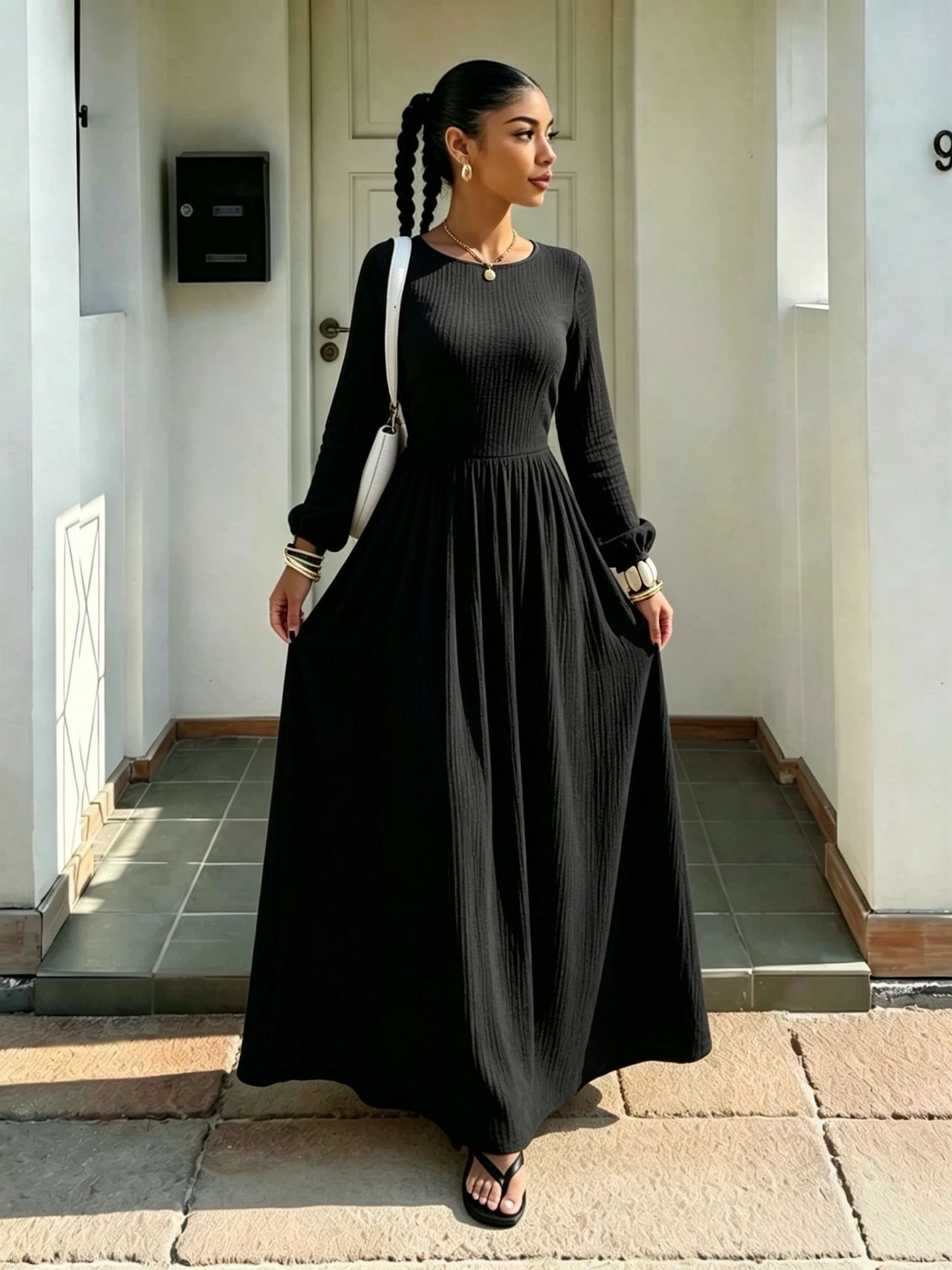French-Style Fitted A-Line Long-Sleeve Dress with Round Neck and Cinched Waist