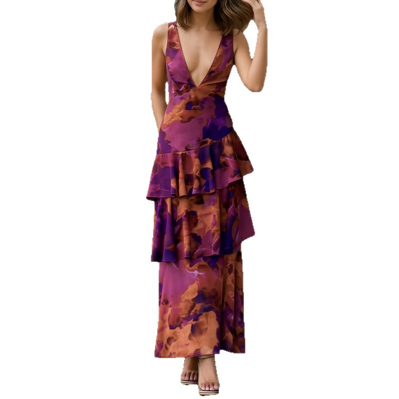 Elegant Botanical Print Cami Tiered Dress
