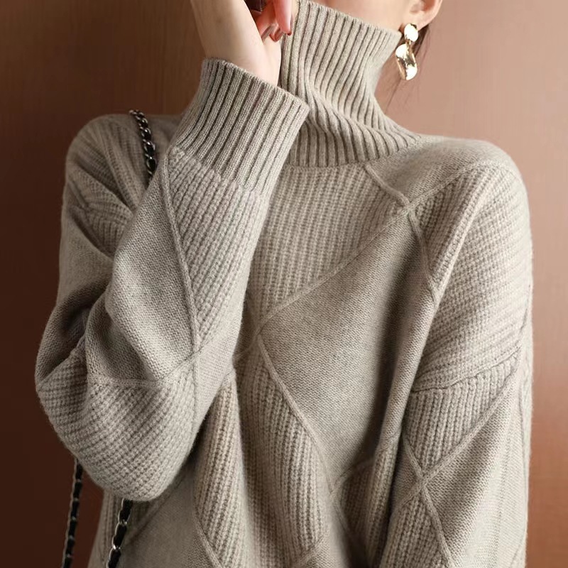 Women's Loose High Neck Diamond Knit Sweater