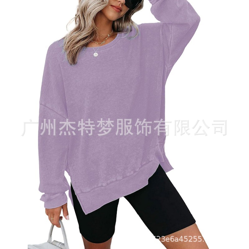 Women's Waffle Knit Crewneck Long Sleeve Side Slit Pullover Top