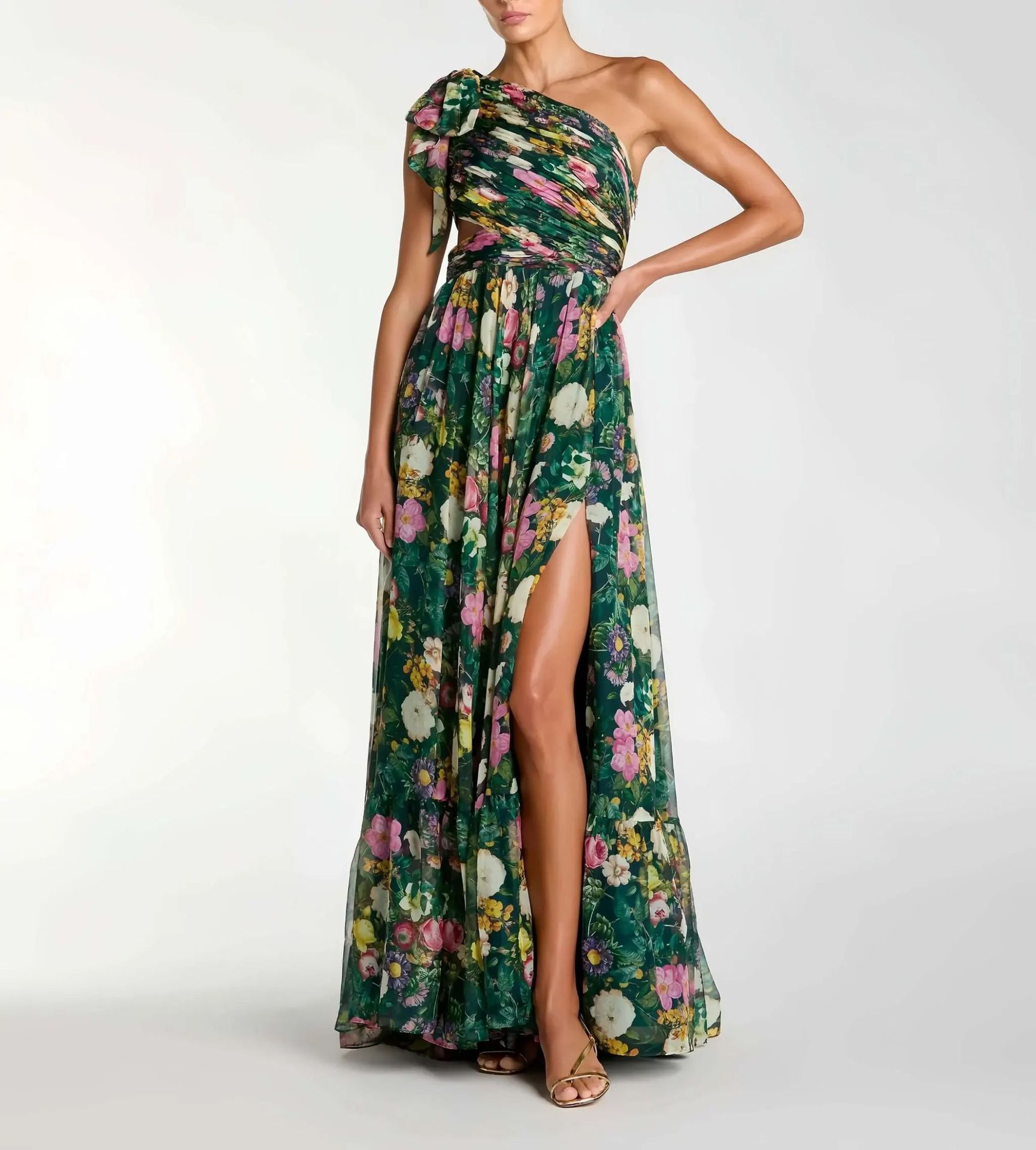 Women's One-Shoulder Asymmetric Long Dress with Lining and Mesh Digital Print