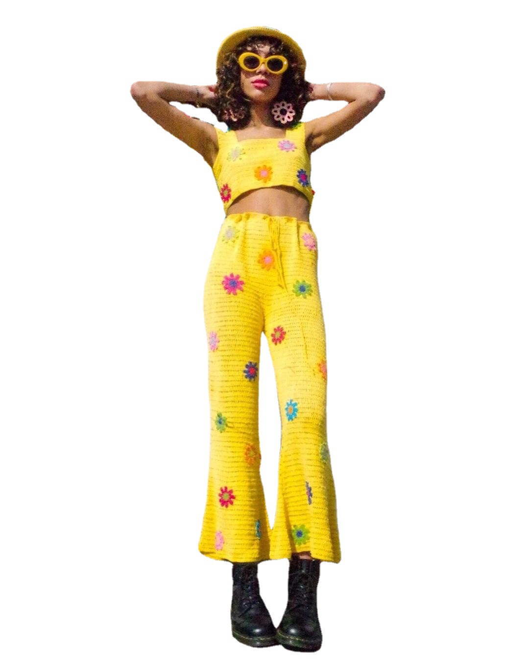 Women's Casual Crochet Knit Pants with Floral Embroidery