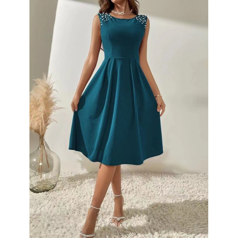 Women's Sleeveless Beaded Round Neck Slim Fit Midi Dress