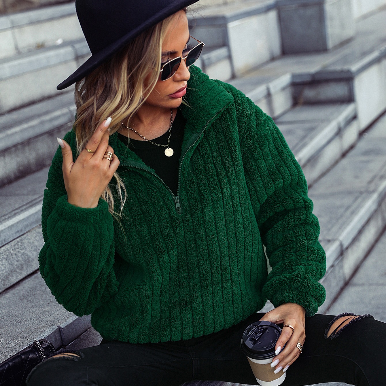 Women's Casual Half-Zip Pullover Hoodie with Collar and Pocket, Solid Color Long Sleeve