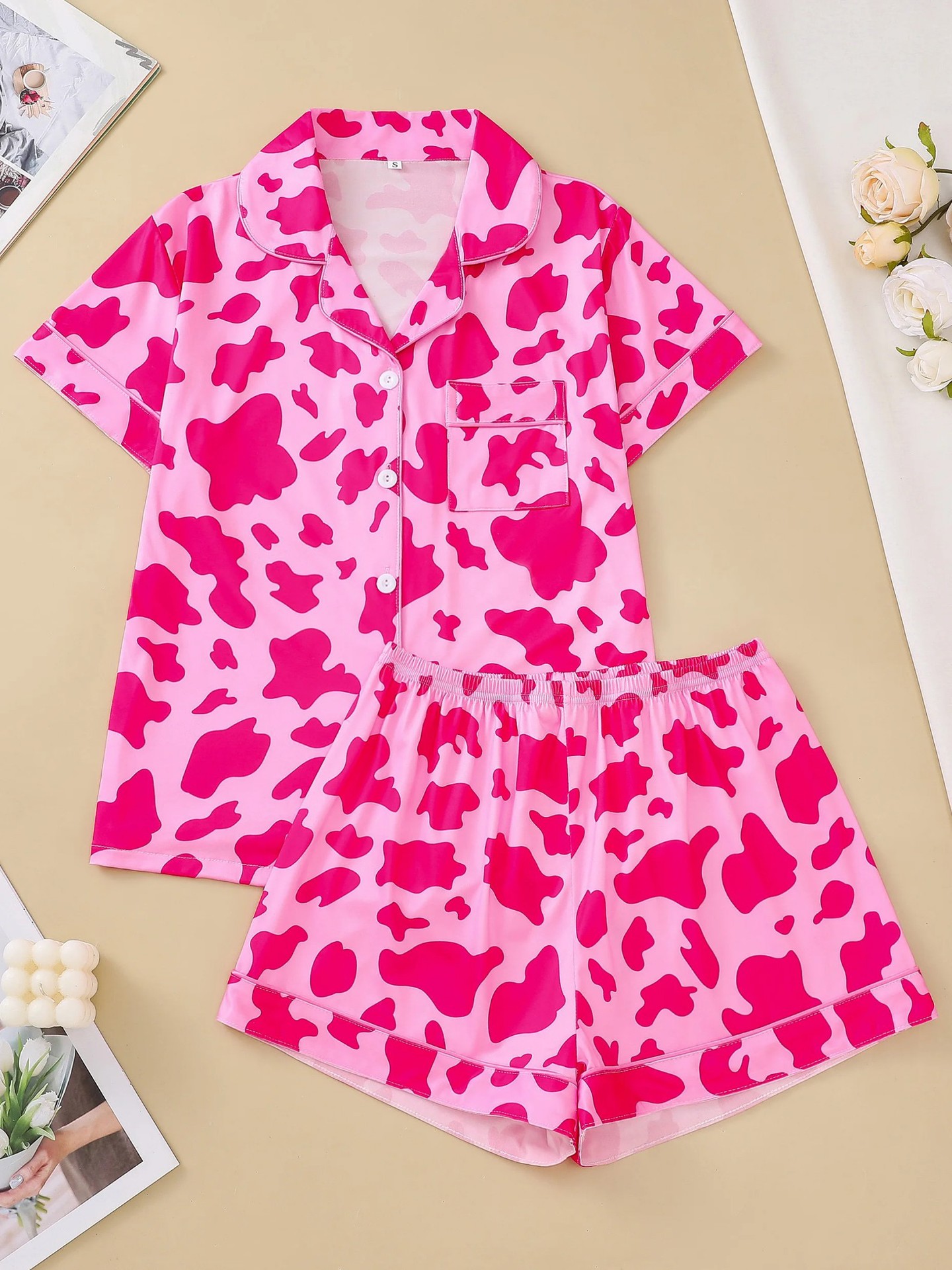 Women's Cuban Collar Polka Dot Short Sleeve Shirt Set Casual Loungewear
