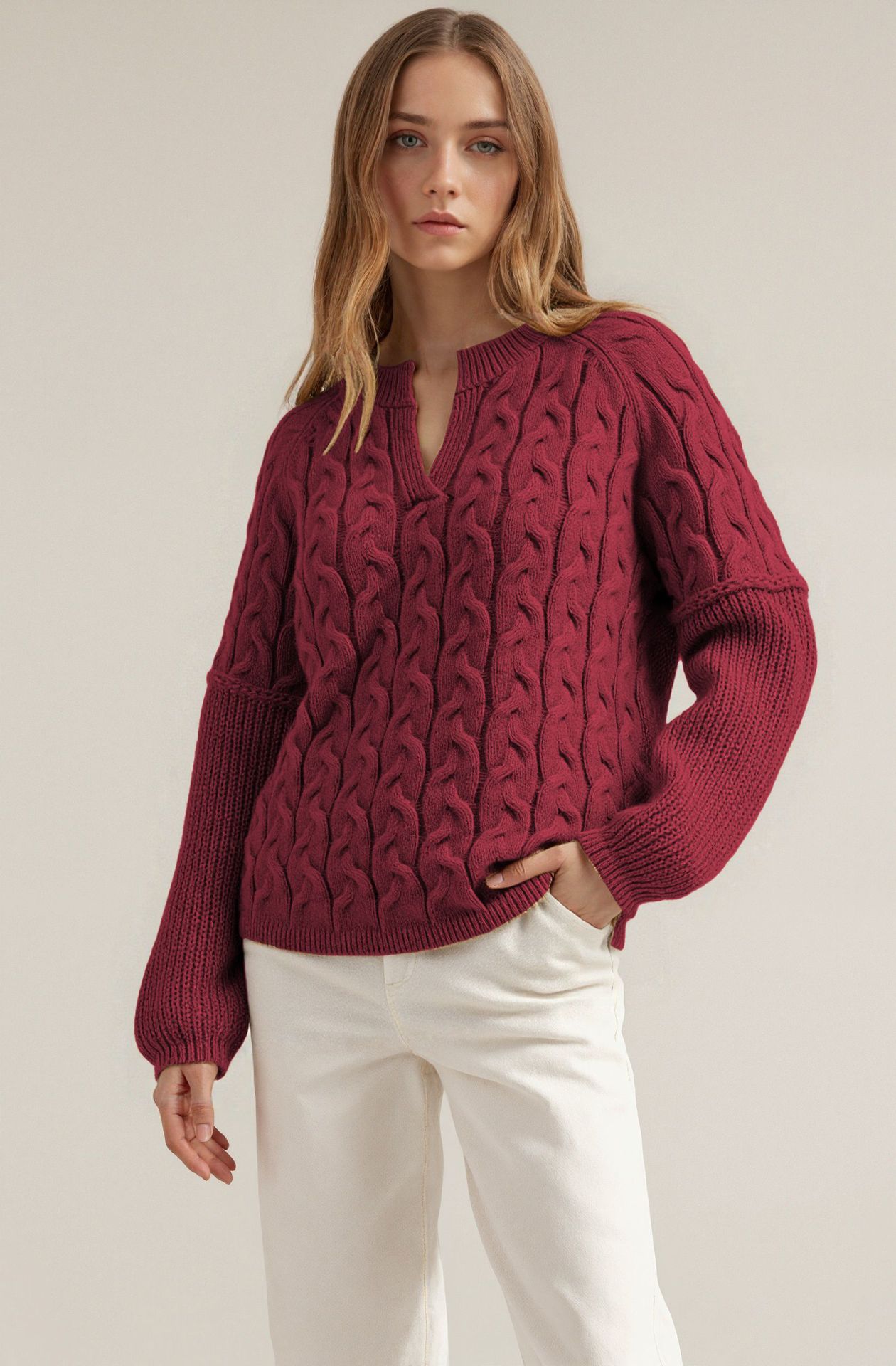 Cable-Knit V-Neck Long-Sleeve Sweater