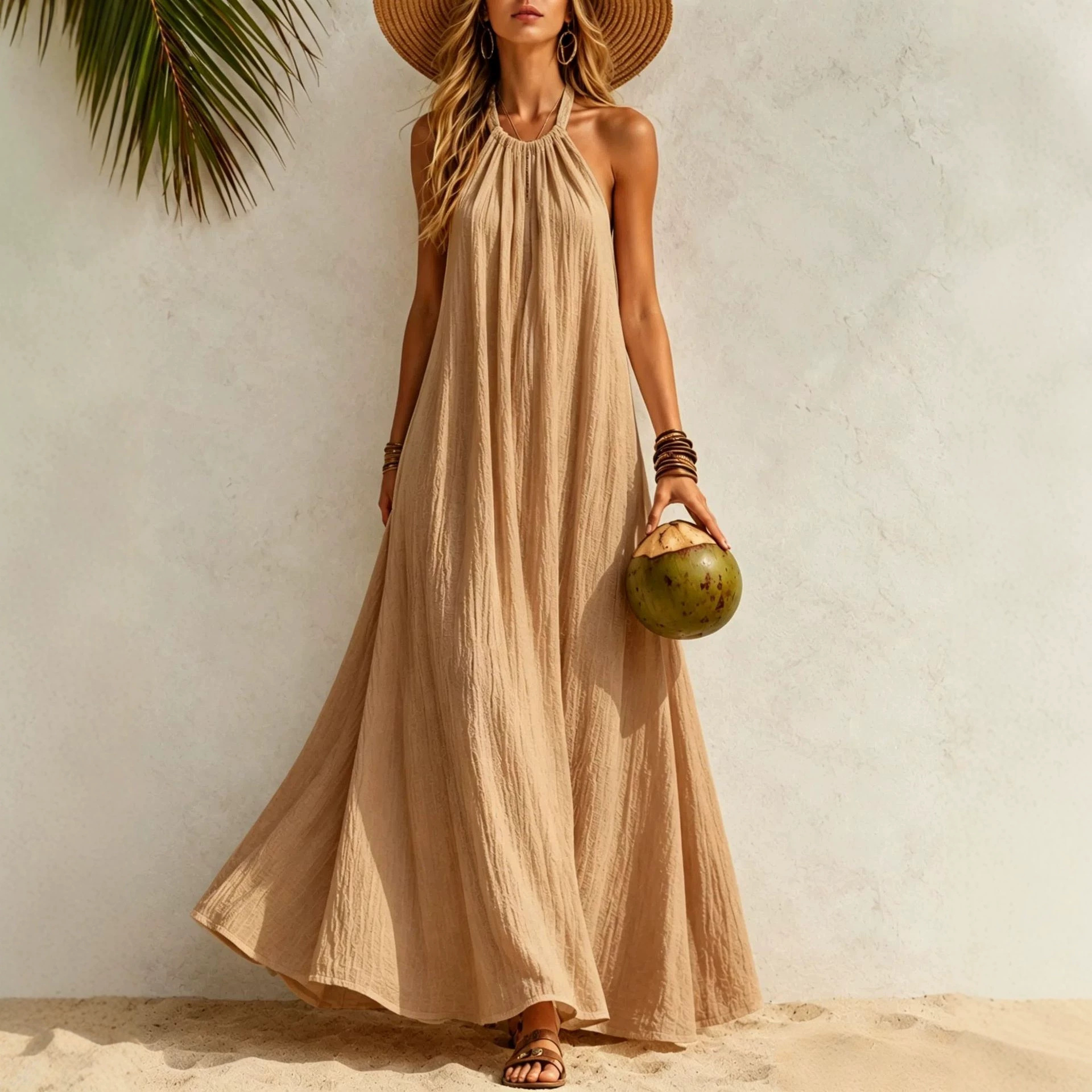 Women's Halter Neck Maxi Dress Loose A-Line Boho Beach Vacation Dress