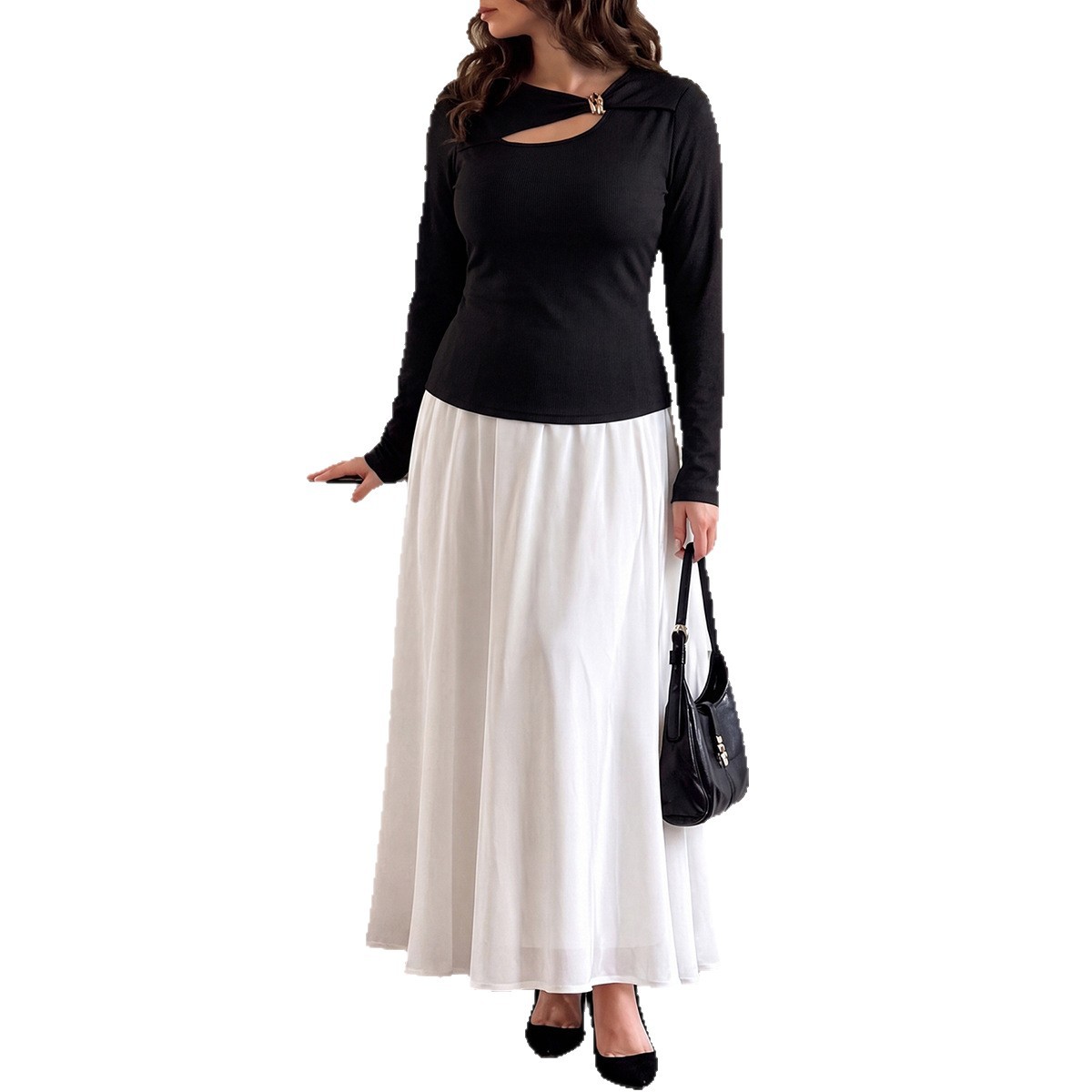 Plus Size Cutout Metal Button Long Sleeve Top & High Waist Midi Skirt Two-Piece Set