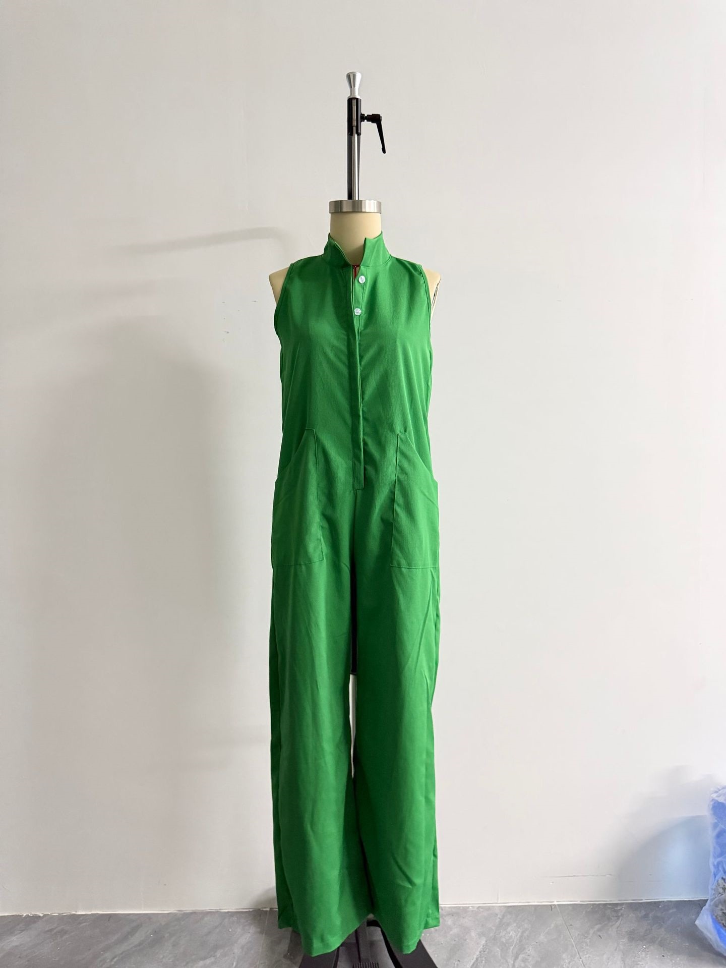Women's Sleeveless Linen-Blend Jumpsuit with Stand Collar, Button Front, Wide Leg, Relaxed Fit
