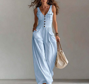 Women's Solid Color Button Pocket Loose Wide-Leg Overalls Jumpsuit