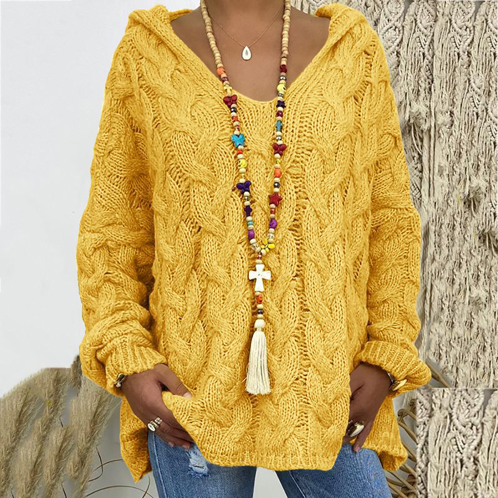 Women's Cable Knit V-Neck Hooded Pullover Sweater