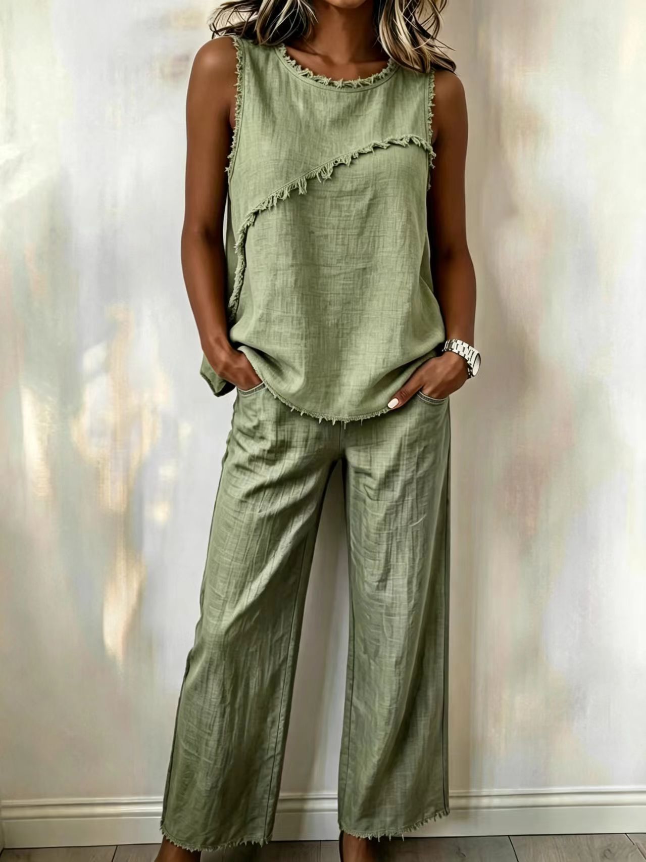 Women's Sleeveless Fringe Trim Top & Wide-Leg Pants Two-Piece Set