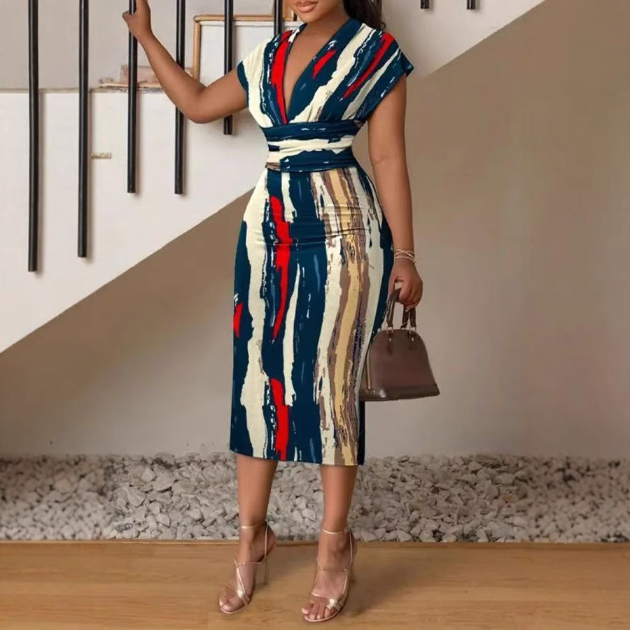 Floral Print V-Neck High-Waist Bodycon Midi Dress