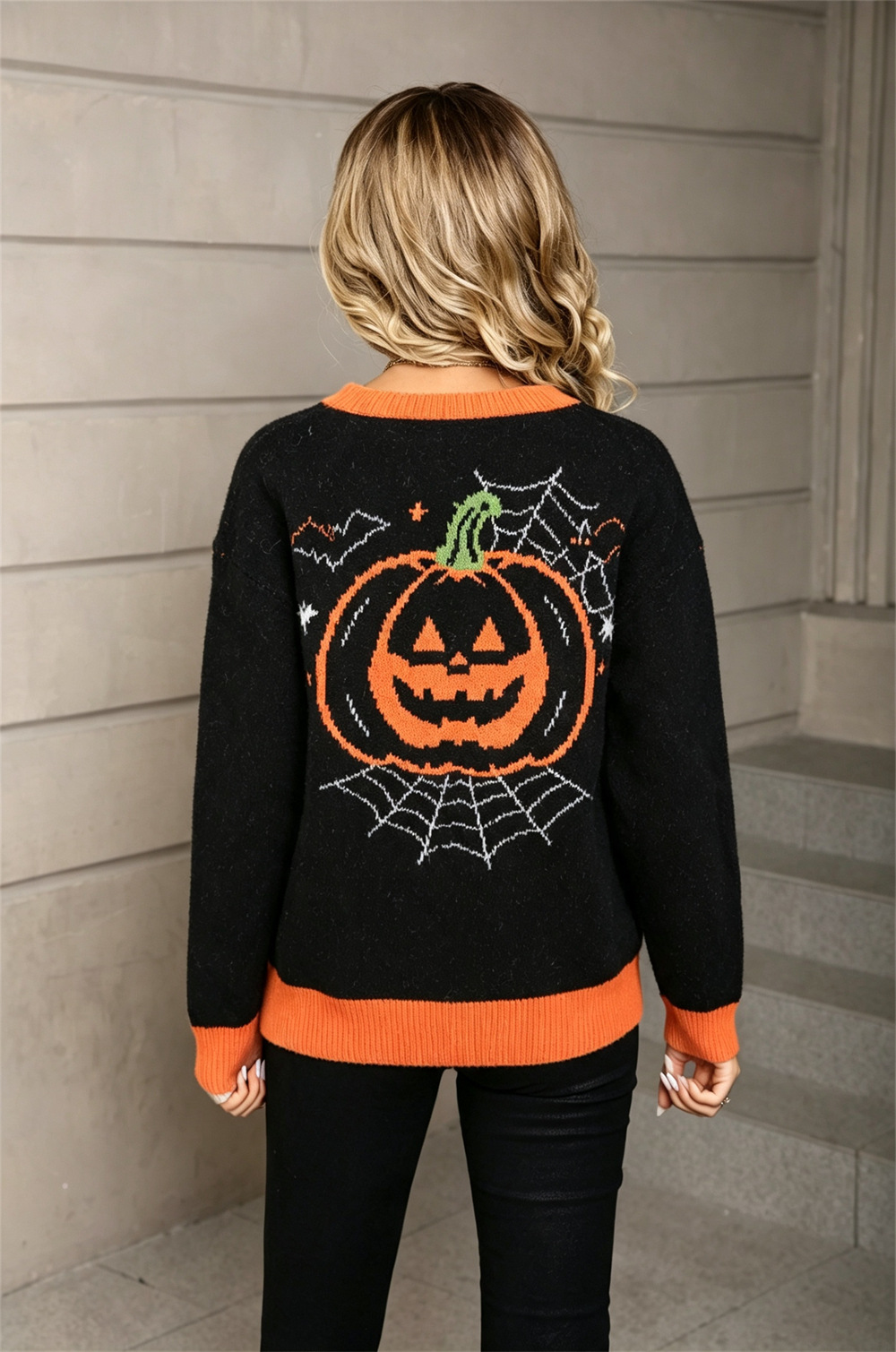 Colorblock Ghost Graphic Crewneck Knit Sweater