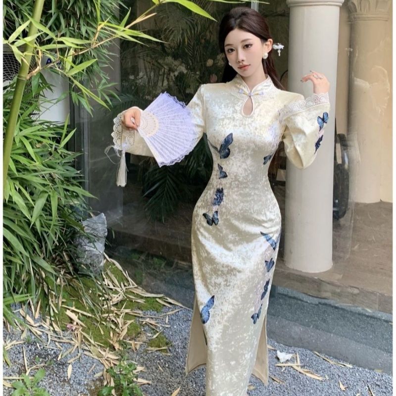 Plus Size New Chinese Style Velvet Qipao Dress Slimming Bodycon Midi