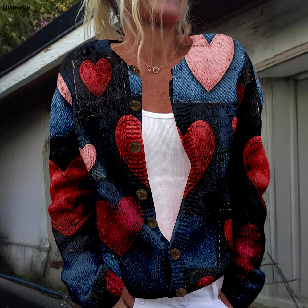 Women's Heart & Flower Print Button Cardigan Sweater