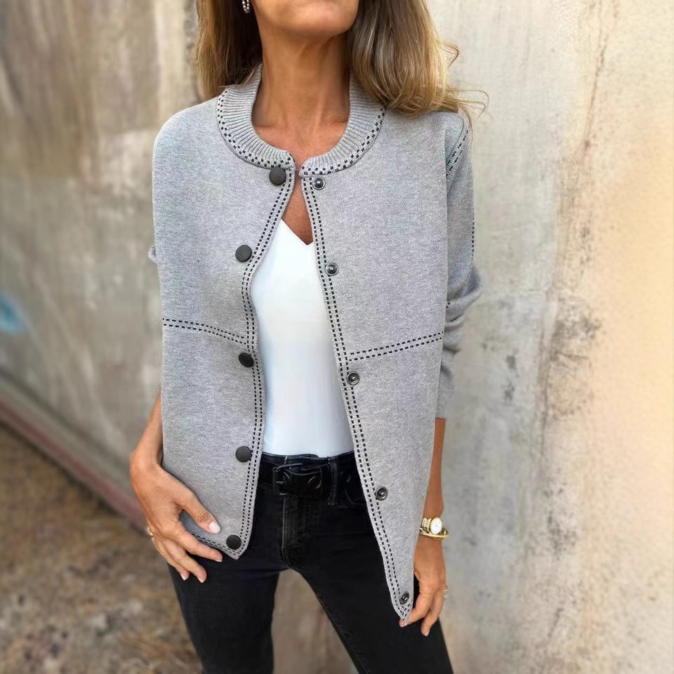 Striped Loose Crewneck Button-Front Long-Sleeve Cardigan Sweater