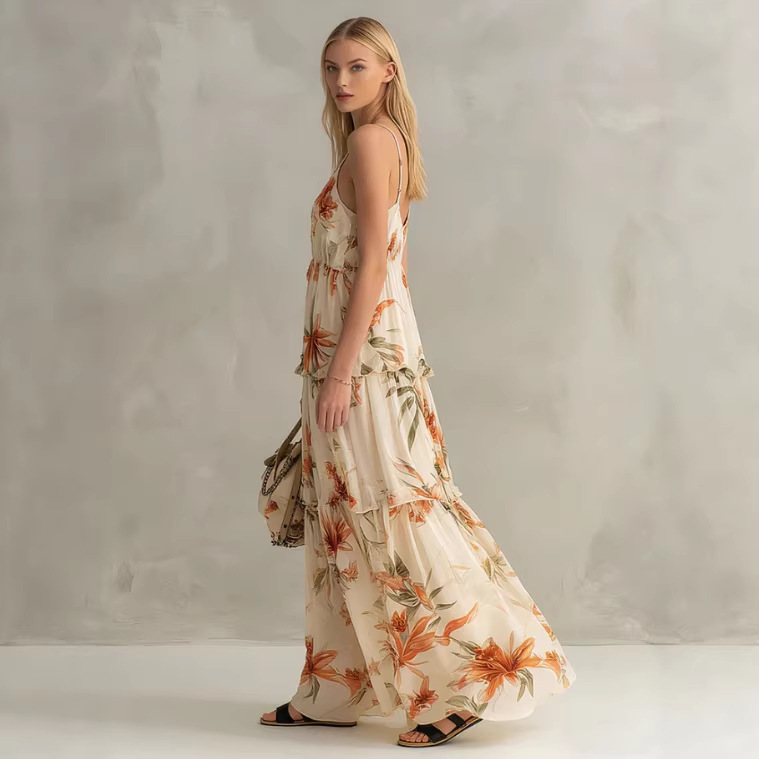 Retro Floral Print Ruffle V-Neck Chiffon Long Dress in Off-White