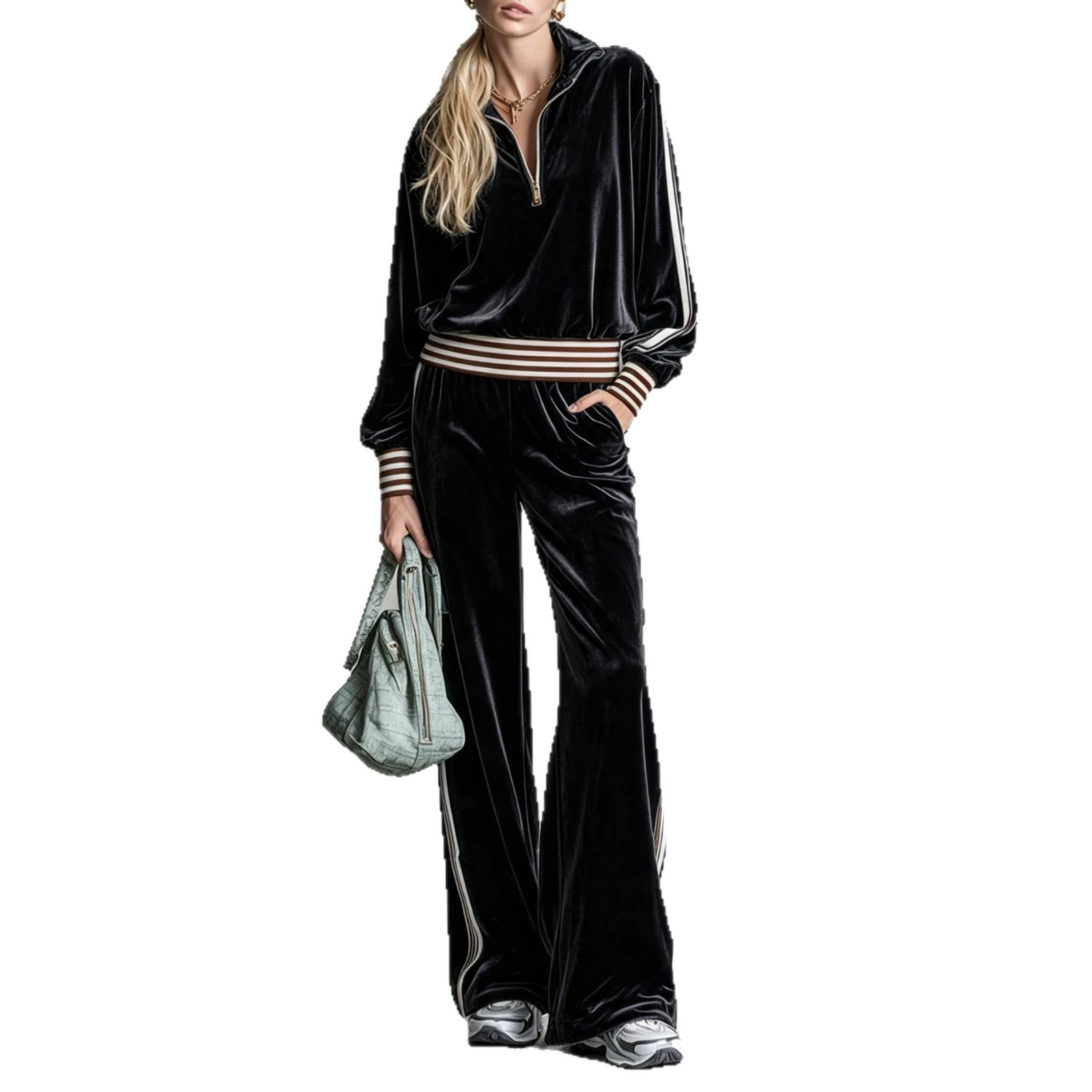 Velvet Side-Stripe Wide-Leg Drawstring Sweatpants