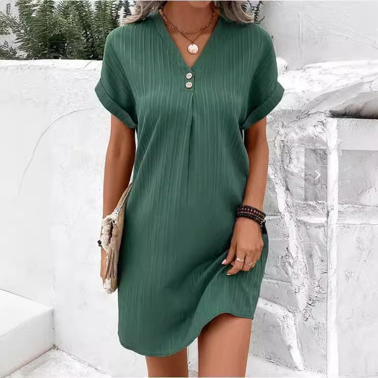 V-Neck Solid Color Button A-Line Short Dress