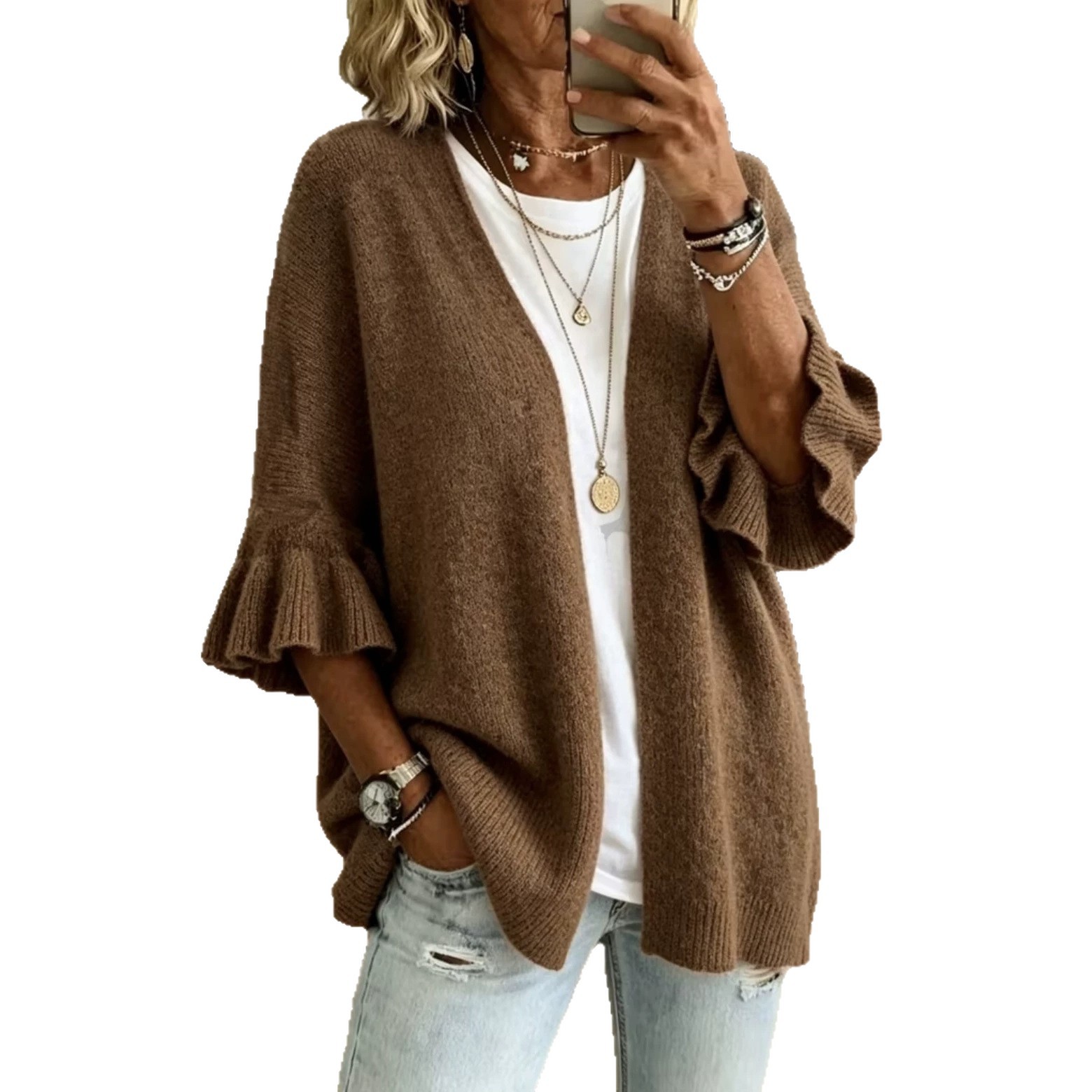 Plus Size Solid Color 3/4 Sleeve Knit Cardigan Sweater Women's Loose Casual