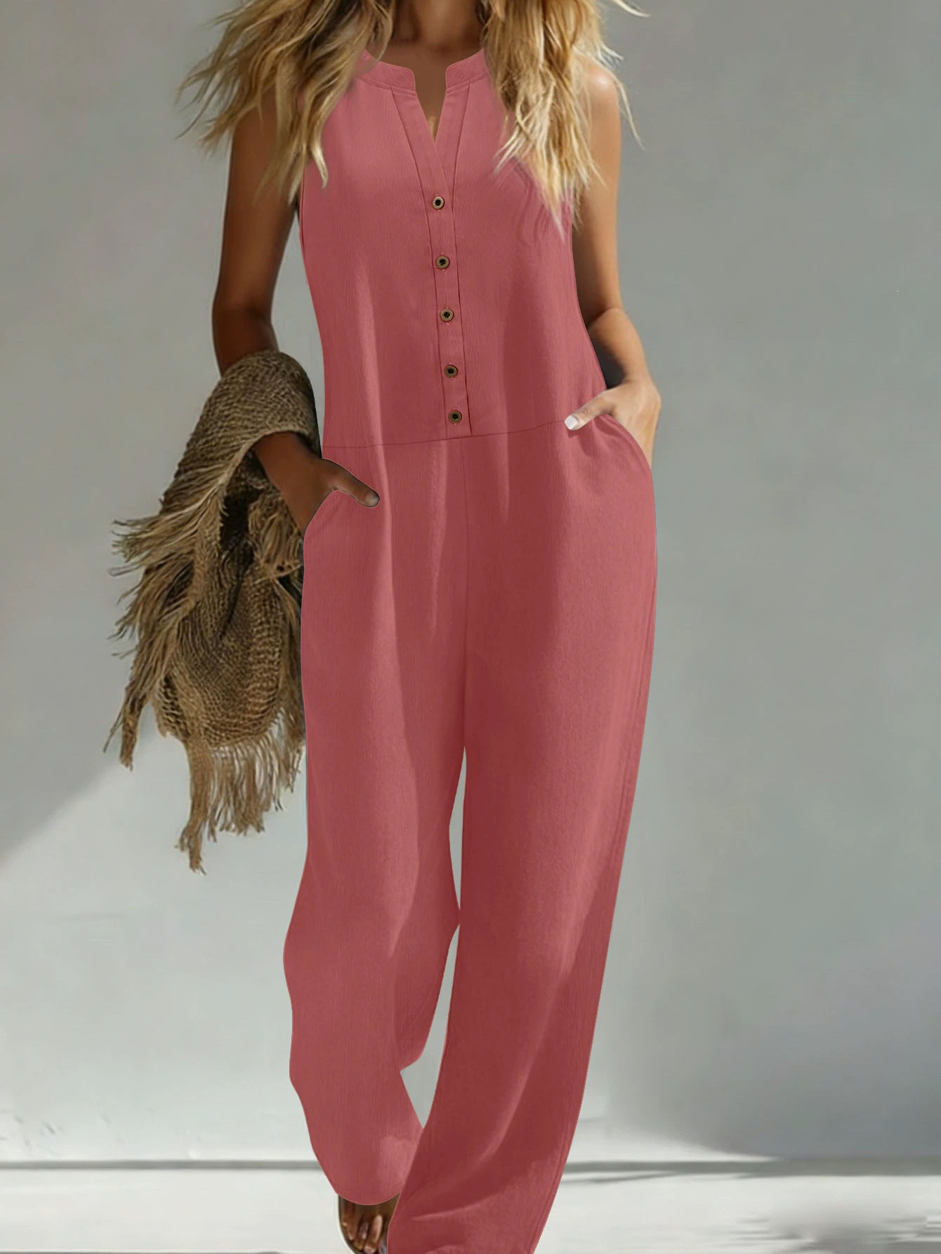 Women's Solid Wide-Leg Sleeveless V-Neck Button Jumpsuit