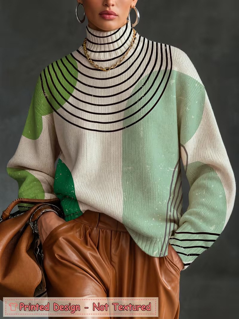 Women's Floral Polka Dot Print Turtleneck Casual Sweater