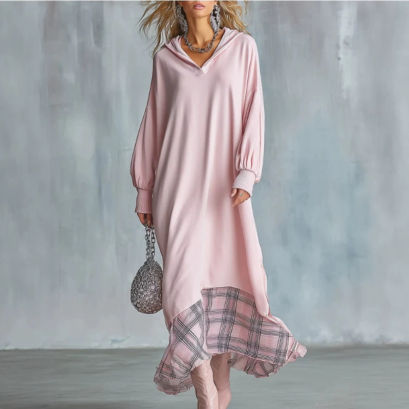 Women's Loose Hooded Plaid Hem Long Dress