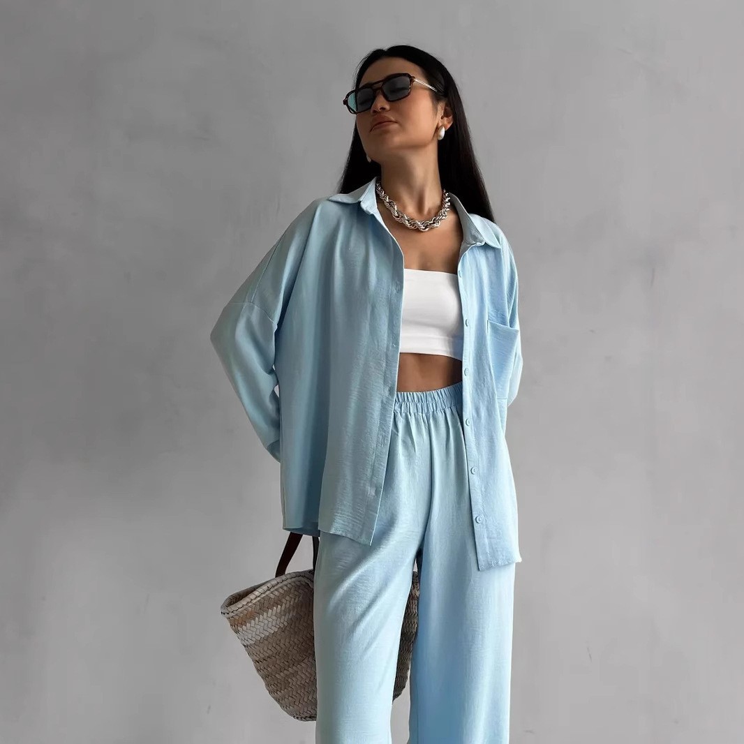 Women's Solid Color Cardigan and Wide-Leg Pants Set with Pockets